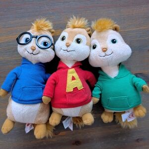 Ty Chipmunk Plush Trio with Red, Blue, Green Hoodies